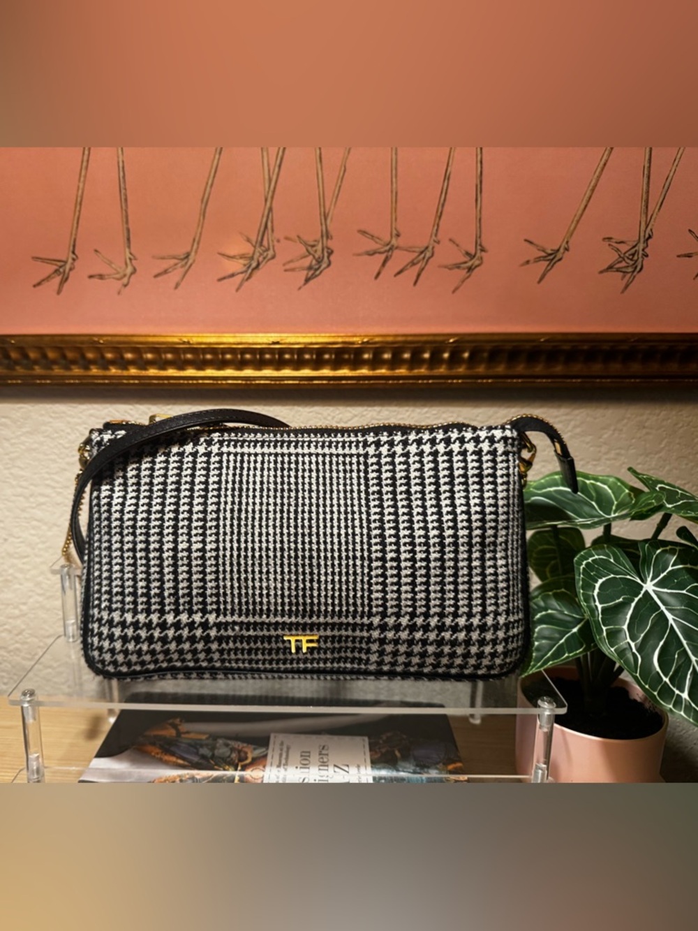 Tom Ford 
Houndstooth Chain Shoulder Bag Black White Tweed Mini Crossbody